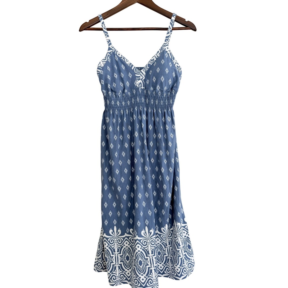 2011 Athleta Blue Geometric Ruched Sundress Cotton‎ Blend Size Medium